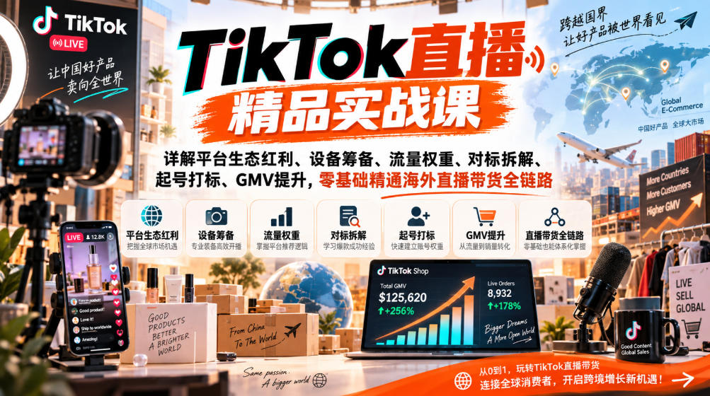 TikTok直播精品实战课，详解平台生态红利、设备筹备、流量权重、对标拆解、起号打标、GMV提升，零基础精通海外直播带货全链路-西蒙学社