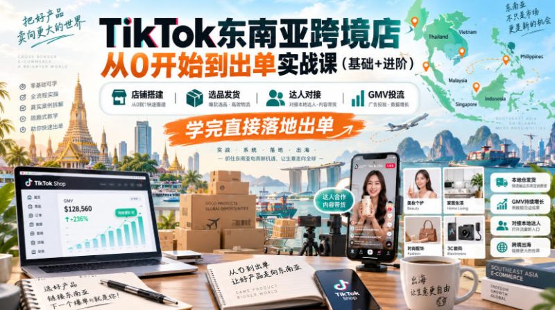TikTok东南亚跨境店从0开始到出单实战课(基础+进阶),店铺搭建、选品发货、达人对接、GMV投流,学完直接落地出单-西蒙学社