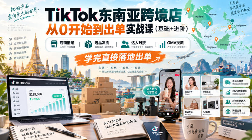 TikTok东南亚跨境店从0开始到出单实战课（基础+进阶），店铺搭建、选品发货、达人对接、GMV投流，学完直接落地出单-西蒙学社