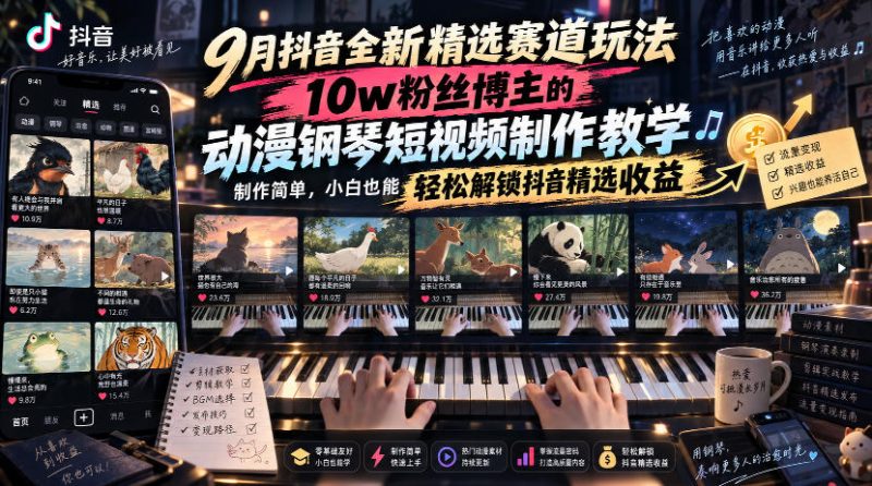 9月抖音全新精选赛道玩法,10w粉丝博主的动漫钢琴短视频制作教学,制作简单,小白也能轻松解锁抖音精选收益-西蒙学社
