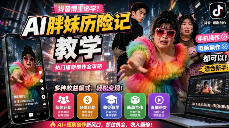 抖音博主的AI胖妹历险记教学,伙伴计划+分成计划+收徒+商单等多种收益,适合新手,手机电脑都可以操作-西蒙学社