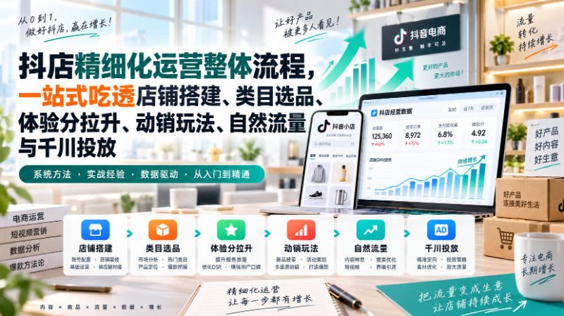 李哥电商-抖店精细化运营整体流程，一站式吃透店铺搭建、类目选品、体验分拉升、动销玩法、自然流量与千川投放-西蒙学社