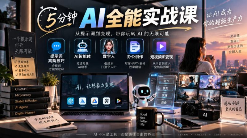 5分钟AI全能实战课｜提示词高阶技巧+AI智能体+数字人+办公创作+短视频IP变现全教程-西蒙学社