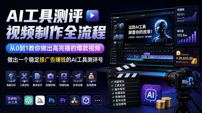 AI工具测评视频制作全流程,从0到1教你做出高完播的爆款视频,做出一个稳定接广告賺钱的AI工具测评号-西蒙学社