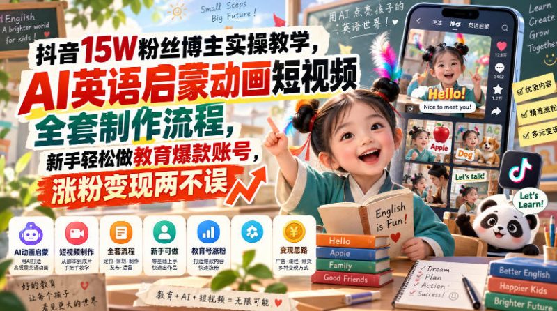 抖音15W粉丝博主实操教学,AI英语启蒙动画短视频全套制作流程,新手轻松做教育爆款账号,涨粉变现两不误-西蒙学社