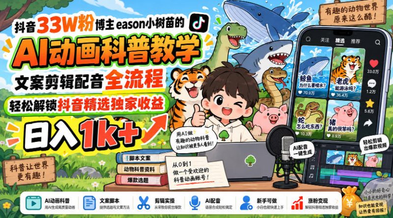 抖音33W粉博主eason小树苗的AI动画科普教学,文案剪辑配音全流程,轻松解锁抖音精选独家收益,日入1k+-西蒙学社