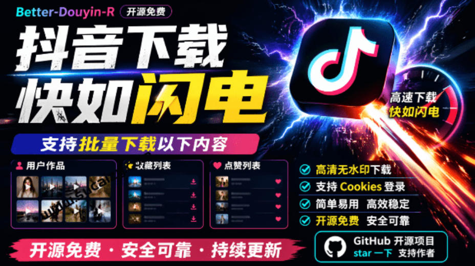 超级好用！抖音视频下载神器，支持批量下载用户作品收藏列表和点赞列表，开源完全免费Better-douyin-R-西蒙学社
