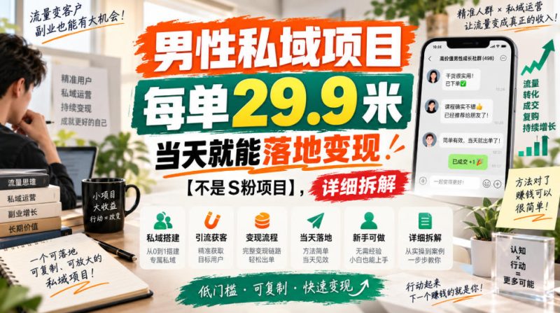 男性私域项目,每单29.9米,当天就能落地变现【不是S粉项目】,详细拆解-西蒙学社