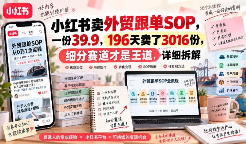 小红书卖外贸跟单sop,一份39.9,196天卖了3016份,细分赛道才是王道,详细拆解-西蒙学社