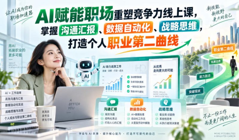 AI赋能职场重塑竞争力线上课,掌握沟通汇报、数据自动化、战略思维,打造个人职业第二曲线-西蒙学社