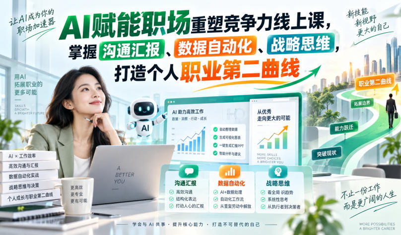 AI赋能职场重塑竞争力线上课，掌握沟通汇报、数据自动化、战略思维，打造个人职业第二曲线-西蒙学社