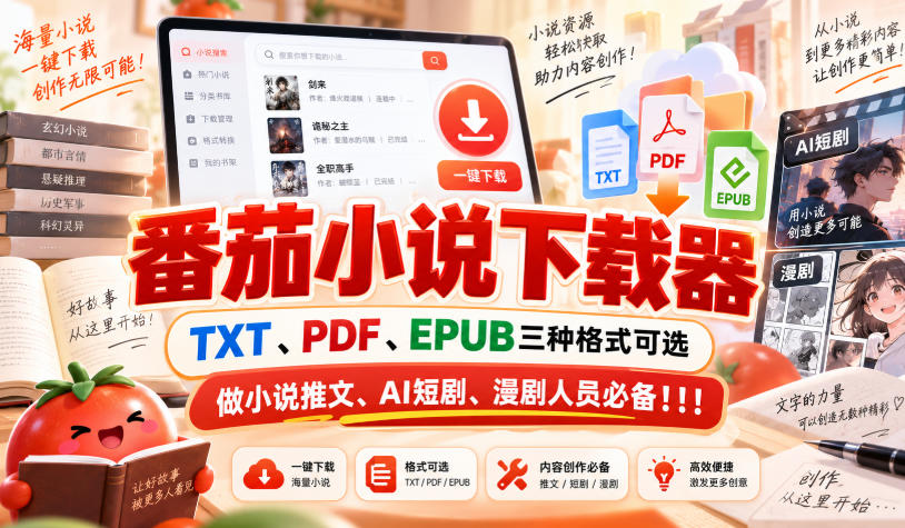 番茄小说下载器，TXT、PDF、EPUB三种格式可选，做小说推文、AI短剧、漫剧人员必备！！！-西蒙学社