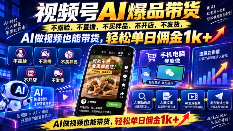 视频号Ai爆品带货,不露脸、不直播、不买样品、不开店、不发货,AI做视频也能带货,轻松单日佣金1k+-西蒙学社