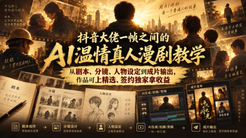 抖音大佬一帧之间的AI温情真人漫剧教学,从剧本、分镜、人物设定到成片输出,作品可上精选、签约独家拿收益-西蒙学社