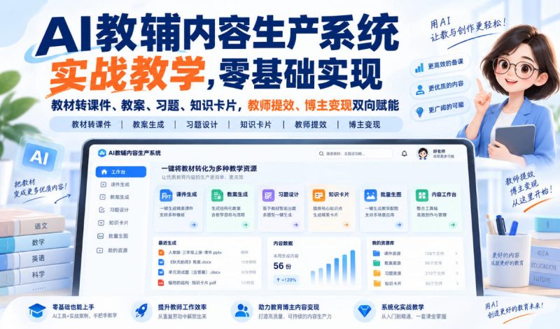 【无水印】AI教辅内容生产系统实战教学，零基础实现教材转课件、教案、习题、知识卡片，教师提效、博主变现双向赋能（更新0926）-西蒙学社