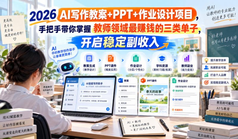 2026 AI写作教案+PPT+作业设计项目,手把手带你掌握教师领域最賺钱的三类单子,开启稳定副收入-西蒙学社