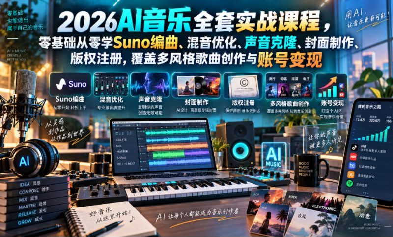 2026AI音乐实战课程，零基础从零学Suno编曲、混音优化、声音克隆、版权注册，覆盖多风格歌曲创作与账号变现-西蒙学社