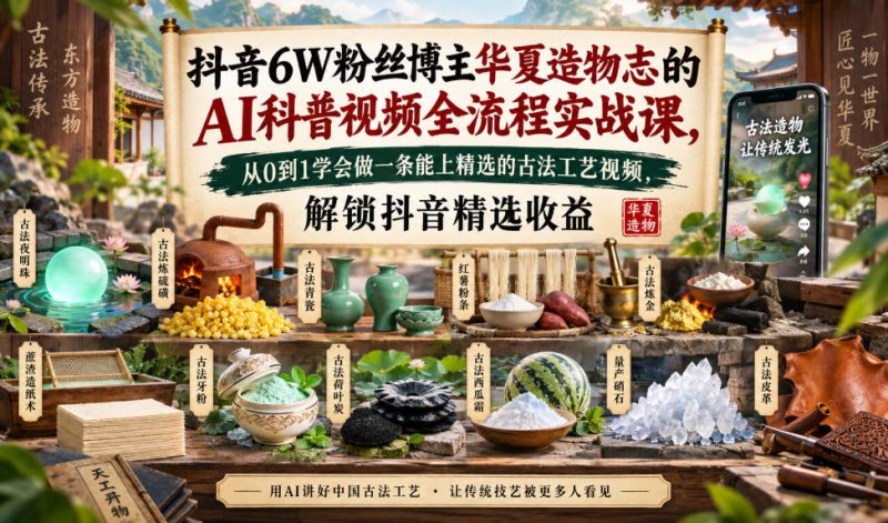 抖音6W粉丝博主华夏造物志的AI科普视频全流程实战课，从0到1学会做一条能上精选的古法工艺视频，解锁抖音精选收益-西蒙学社