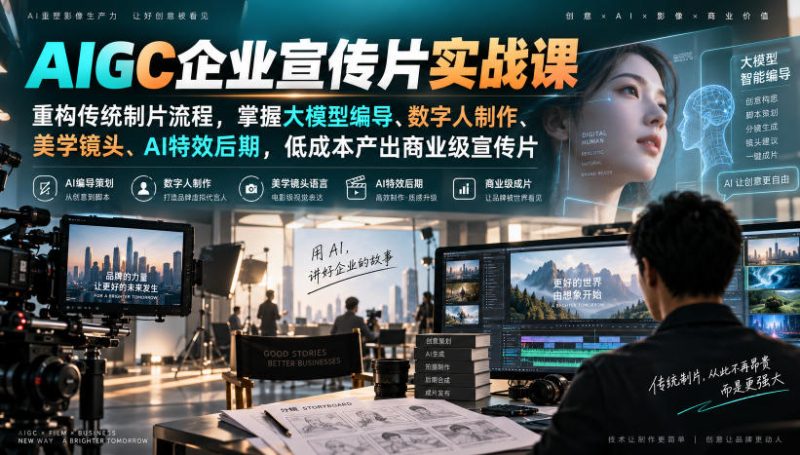 AIGC企业宣传片实战课,重构传统制片流程,掌握大模型编导、数字人制作、美学镜头、AI特效后期,低成本产出商业级宣传片-西蒙学社