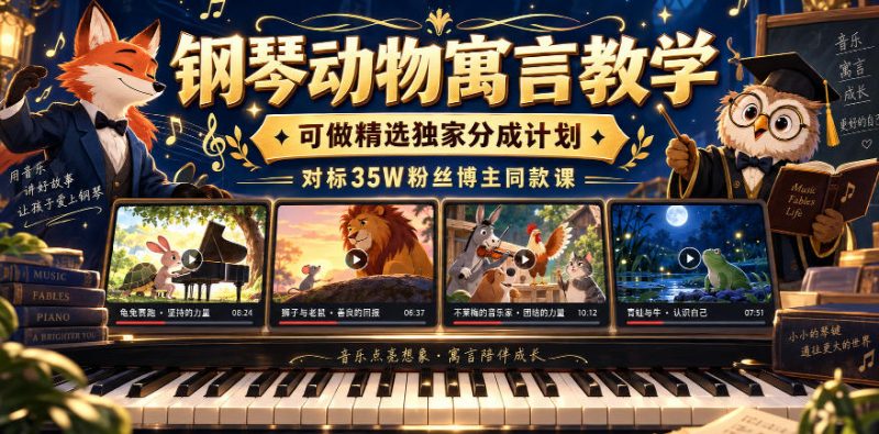 钢琴动物寓言教学，可做精选独家分成计划，对标35W粉丝博主同款课-西蒙学社