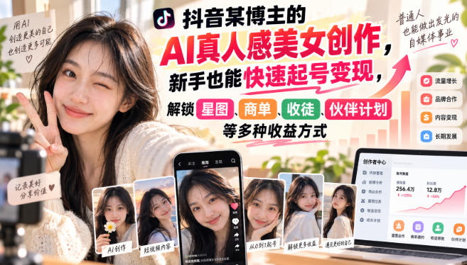 抖音某博主的AI真人感美女创作,新手也能快速起号变现,解锁星图,商单,收徒,伙伴计划等多种收益方式-西蒙学社