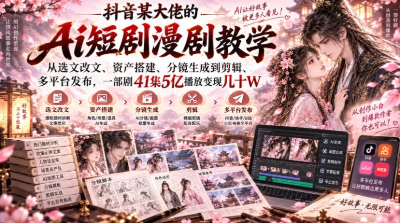 抖音某大佬的Ai短剧漫剧教学,从选文改文、资产搭建、分镜生成到剪辑、多平台发布,一部剧41集5亿播放变现几十W-西蒙学社