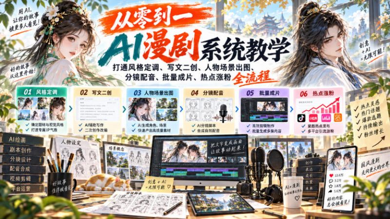 从零到一AI漫剧系统教学，打通风格定调、写文二创、人物场景出图、分镜配音、批量成片、热点涨粉全流程-西蒙学社
