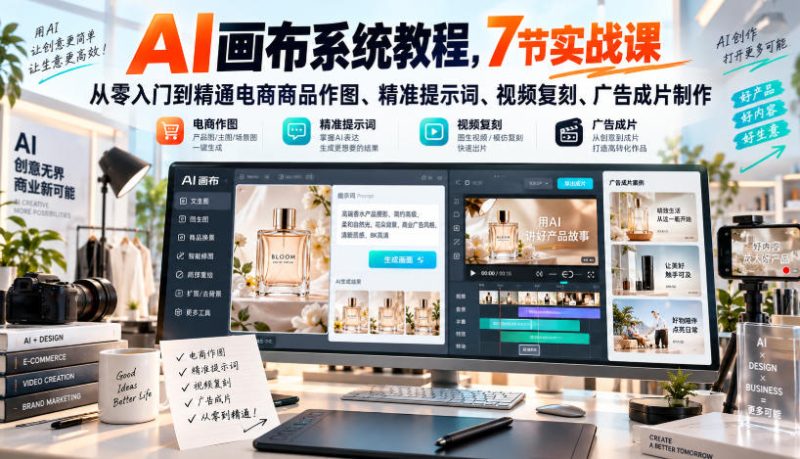 AI画布系统教程，7节实战课从零入门到精通电商商品作图、精准提示词、视频复刻、广告成片制作-西蒙学社