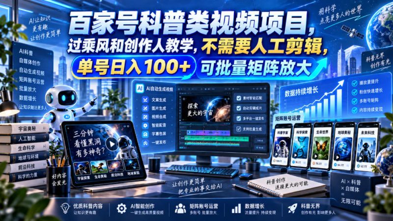 百家号科普类视频项目，过乘风和创作人教学，不需要人工剪辑，单号日入100+可批量矩阵放大-西蒙学社