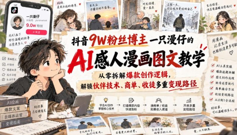 抖音9W粉丝博主一只漫仔的AI感人漫画图文教学,从零拆解爆款创作逻辑,解锁伙伴技术、商单、收徒多重变现路径-西蒙学社