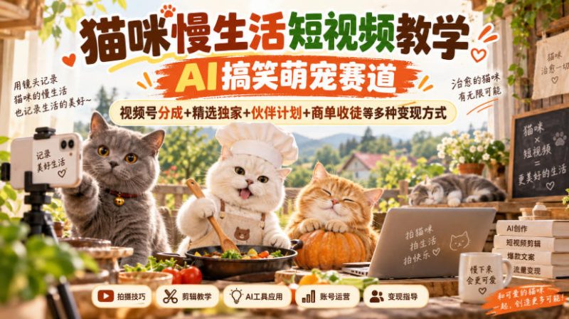 猫咪慢生活短视频教学,AI搞笑萌宠赛道,视频号分成+精选独家+伙伴计划+商单收徒等多种变现方式-西蒙学社