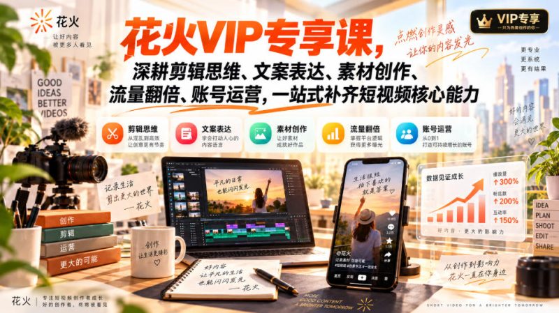 花火VIP专享课,深耕剪辑思维、文案表达、素材创作、流量翻倍、账号运营,一站式补齐短视频核心能力-西蒙学社