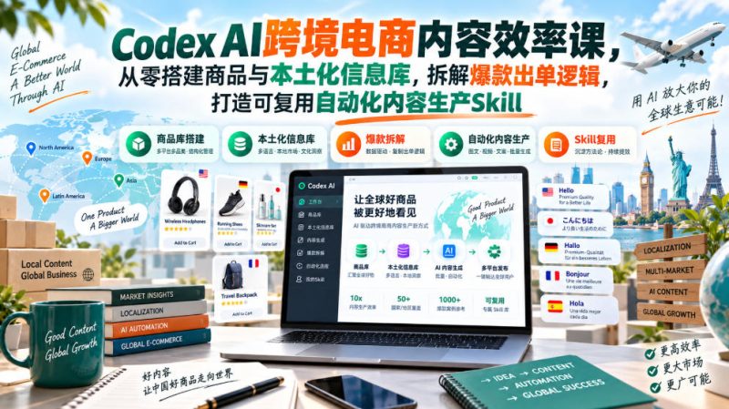 Codex AI跨境电商内容效率课，从零搭建商品与本土化信息库，拆解爆款出单逻辑，打造可复用自动化内容生产Skill-西蒙学社