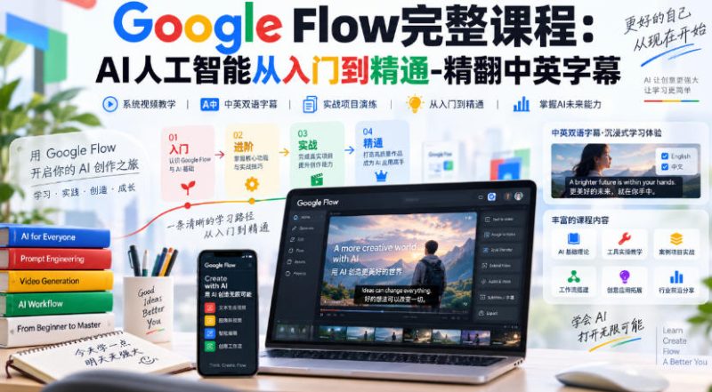 【无水印】Google Flow完整课程：AI人工智能从入门到精通-精翻中英字幕-西蒙学社