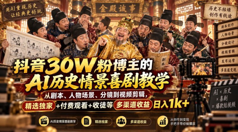 抖音30W粉博主的AI历史情景喜剧教学，从剧本、人物场景、分镜到视频剪辑，精选独家+付费观看+收徒等多渠道收益日入1k+-西蒙学社