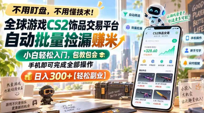 全球游戏CS2饰品交易平台自动批量捡漏賺米,小白轻松入门,包教包会,手机即可完成全部操作,日入300+【揭秘】-西蒙学社