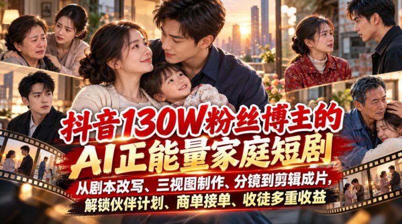 抖音130W粉丝博主的AI正能量家庭短剧,从剧本改写、三视图制作、分镜到剪辑成片,解锁伙伴计划、商单接单、收徒多重收益-西蒙学社