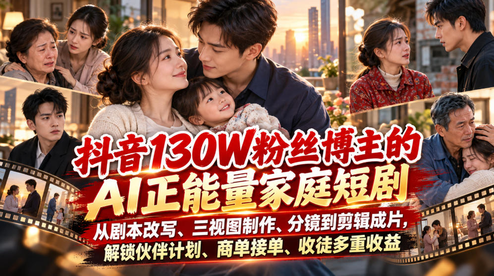 抖音130W粉丝博主的AI正能量家庭短剧，从剧本改写、三视图制作、分镜到剪辑成片，解锁伙伴计划、商单接单、收徒多重收益-西蒙学社