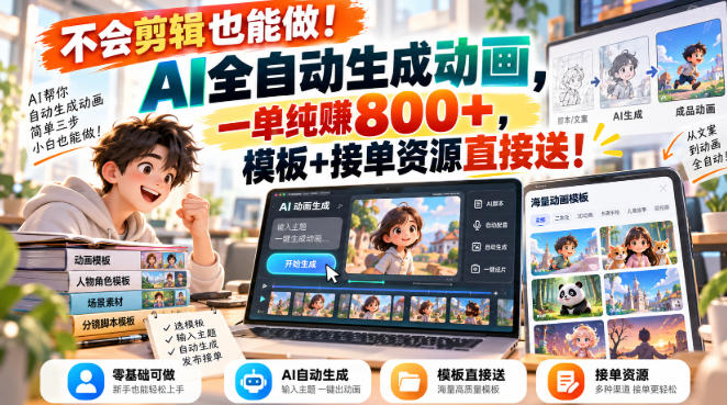 不会剪辑也能做！AI全自动生成动画，一单纯賺800+，模板+接单资源直接送！【揭秘】-西蒙学社