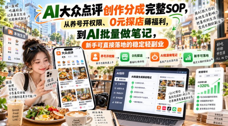 【无水印】AI大众点评创作分成完整SOP,从养号开权限、0元探店薅福利,到AI批量做笔记,新手可直接落地的稳定轻副业-西蒙学社