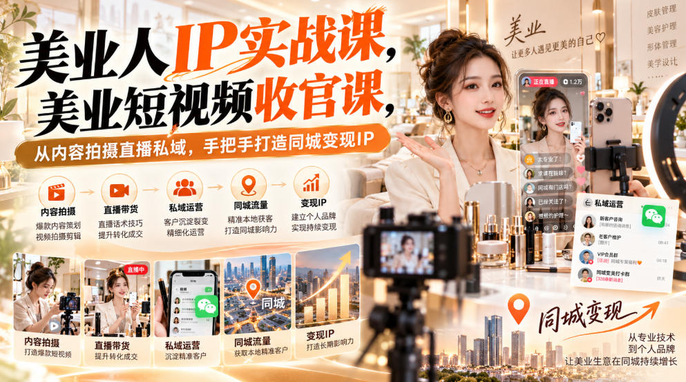【无水印】美业人IP实战课，美业短视频收官课，从内容拍摄直播私域，手把手打造同城变现IP-西蒙学社