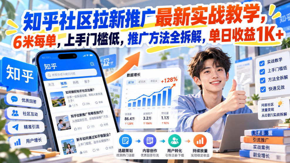 知乎社区拉新推广最新实战教学，6米每单，上手门槛低，推广方法全拆解，单日收益1K+！-西蒙学社
