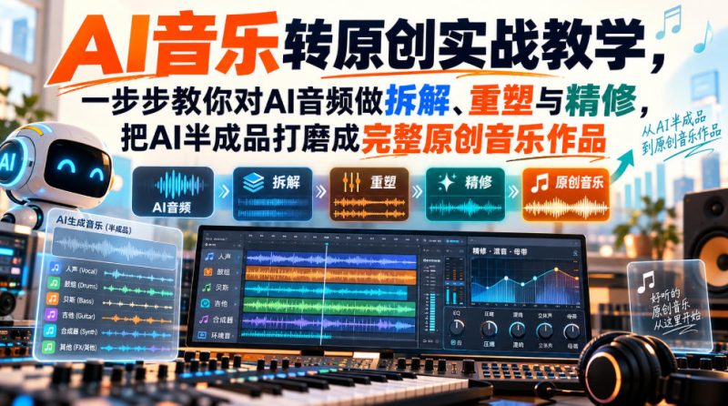 AI音乐转原创实战教学,一步步教你对AI音频做拆解、重塑与精修,把AI半成品打磨成完整原创音乐作品-西蒙学社