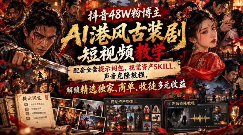 抖音48W粉博主AI港风古装剧短视频教学，配套全套提示词包、视觉资产SKILL、声音克隆教程，解锁精选独家、商单、收徒多元收益-西蒙学社