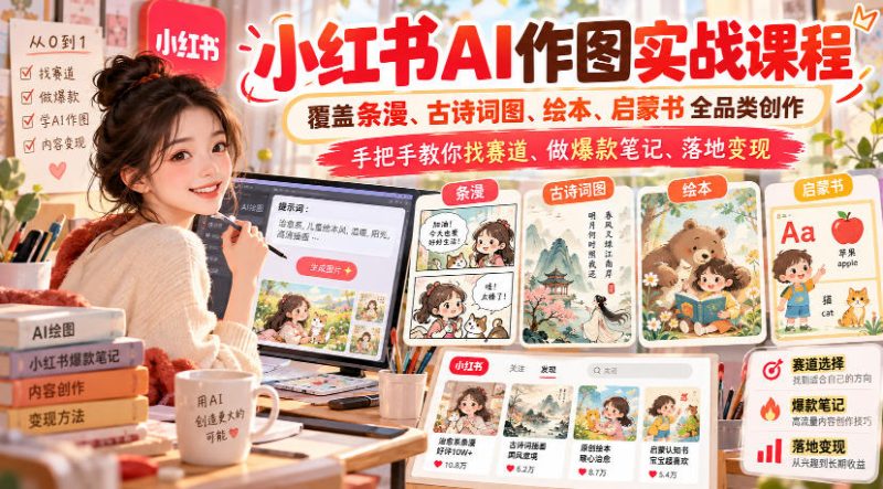 小红书AI作图实战课程,覆盖条漫、古诗词图、绘本、启蒙书全品类创作,手把手教你找赛道、做爆款笔记、落地变现-西蒙学社