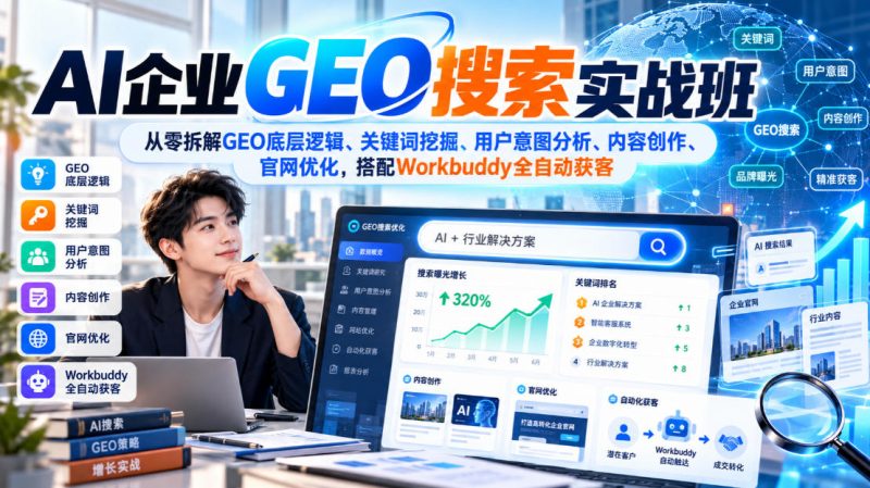 AI企业GEO搜索实战班,从零拆解GEO底层逻辑、关键词挖掘、用户意图分析、内容创作、官网优化,搭配Workbuddy全自动获客-西蒙学社