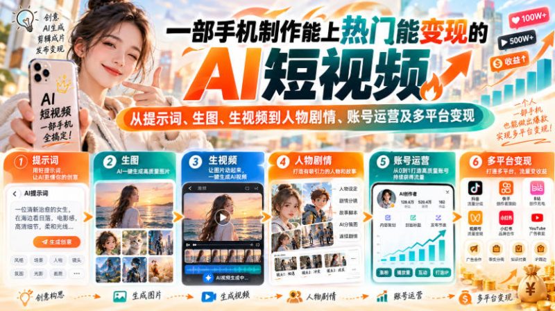 【无水印】一部手机制作能上热门能变现的AI短视频，从提示词、生图、生视频到人物剧情、账号运营及多平台变现-西蒙学社
