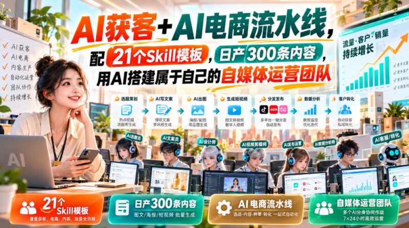 AI获客+AI电商流水线，配21个Skill模板，日产300条内容，用AI搭建属于自己的自媒体运营团队-西蒙学社
