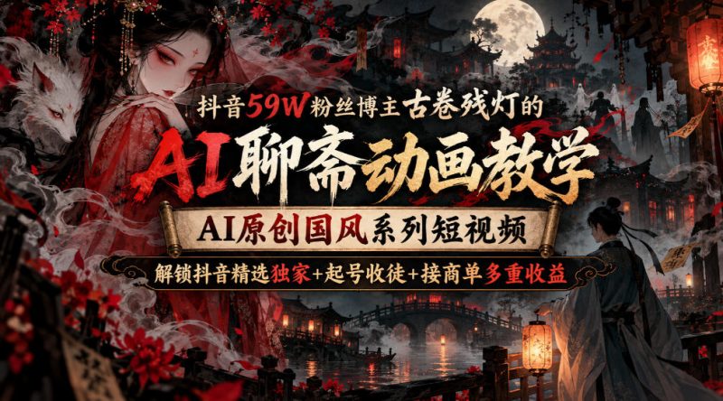 抖音59W粉丝博主古卷残灯的AI聊斋动画教学，AI原创国风系列短视频，解锁抖音精选独家+起号收徒+接商单多重收益-西蒙学社