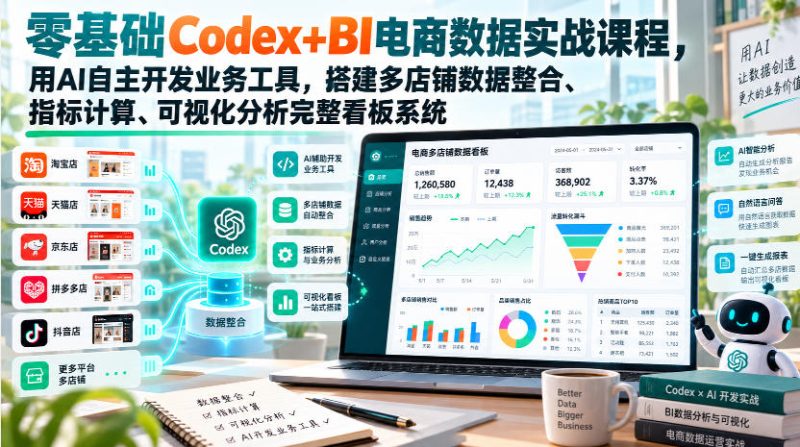 零基础Codex+BI电商数据实战课程,用AI自主开发业务工具,搭建多店铺数据整合、指标计算、可视化分析完整看板系统-西蒙学社